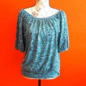INC International Concepts Petite Paisley Print Turquoise Blouse Medium Petite